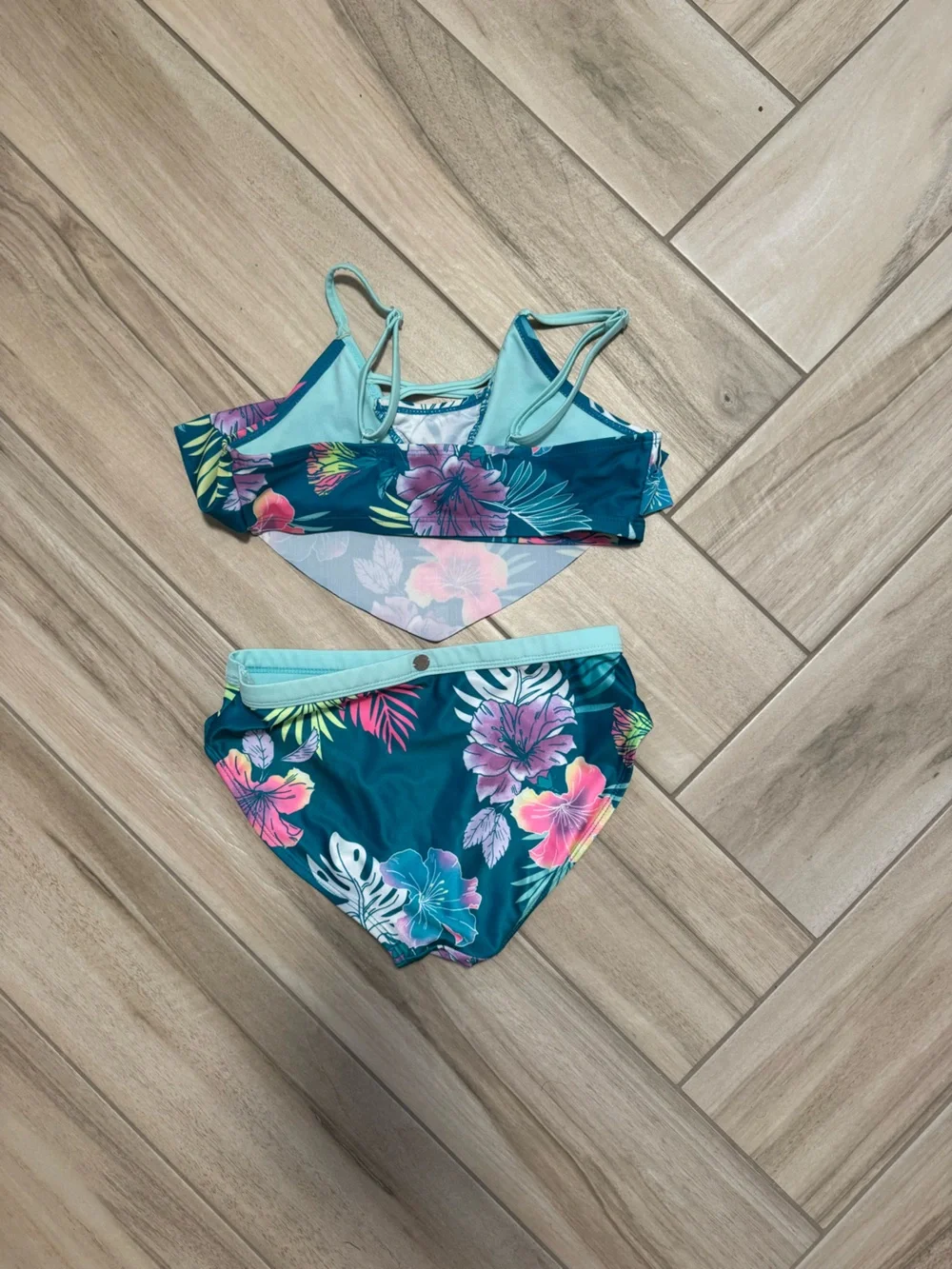 Justice Teal Floral Two-Piece Bikini with Pink & Purple Hibiscus